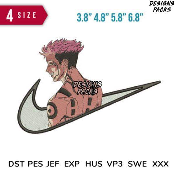 Anime character embroidery design in Nike swoosh, 4 sizes, DST PES formats for DTF DTG printing
