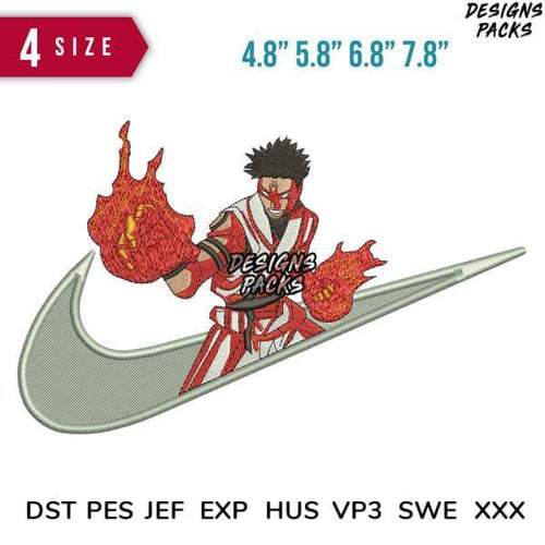Anime character with fire fists on Nike swoosh embroidery design, available in PES, DST, EXP formats