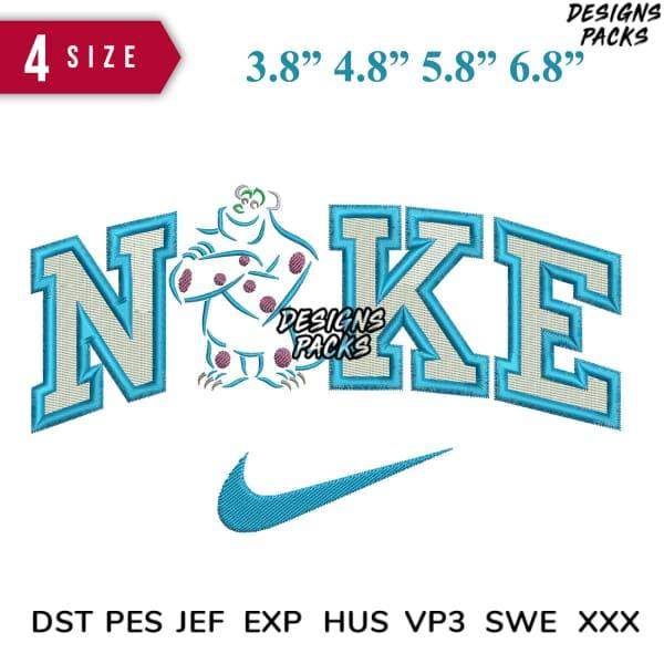 Embroidery design featuring 'NOKE' with monster character, Nike swoosh, 4 sizes, PES DST formats