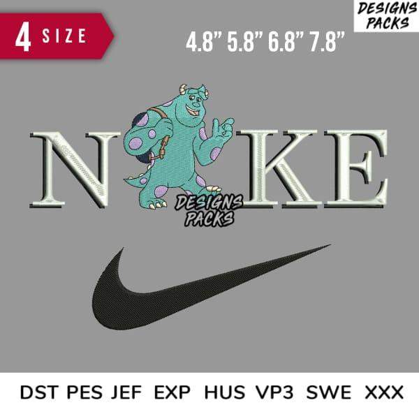 Embroidery design featuring a teal monster with 'NOKE' text and Nike swoosh, available in multiple sizes and formats.