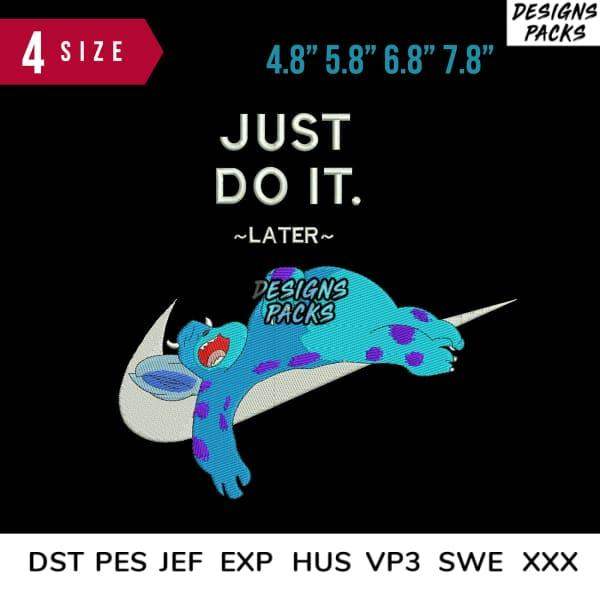 Blue monster with purple spots lying on Nike swoosh, text 'Just Do It. ~Later~', embroidery design sizes 4.8"-7.8"