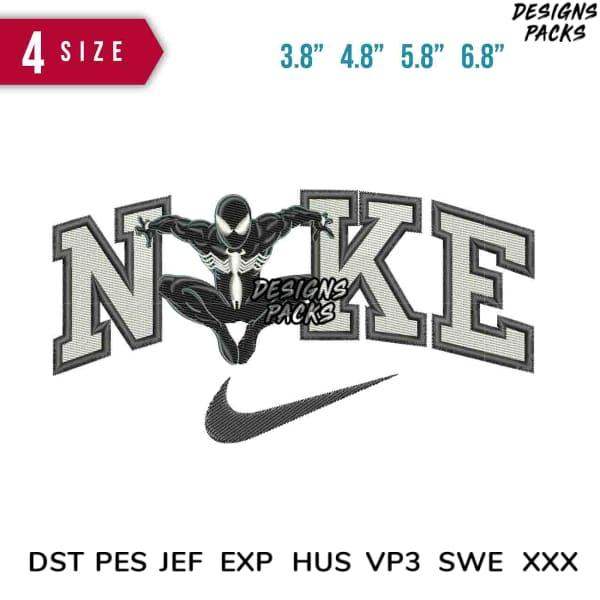 Spider-Man in black suit over Nike logo embroidery design, 4 sizes, DST PES JEF formats