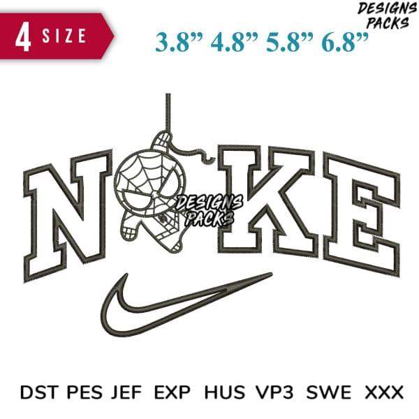 Spider-Man Christmas ornament design with 'NOKE' text and Nike swoosh, available in 4 sizes and embroidery formats