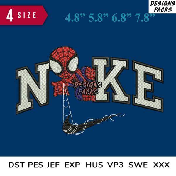 Spiderman embroidery design with 'NOKE' text, 4 sizes, PES DST formats for instant download