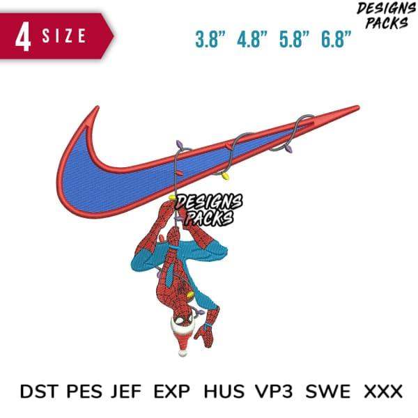 Spider-Man hanging from Nike swoosh, embroidery design in multiple sizes, DST PES formats