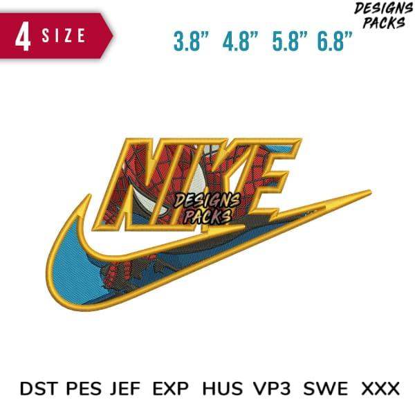 Spider-Man themed Nike swoosh embroidery design in 4 sizes, PES DST JEF formats for instant download