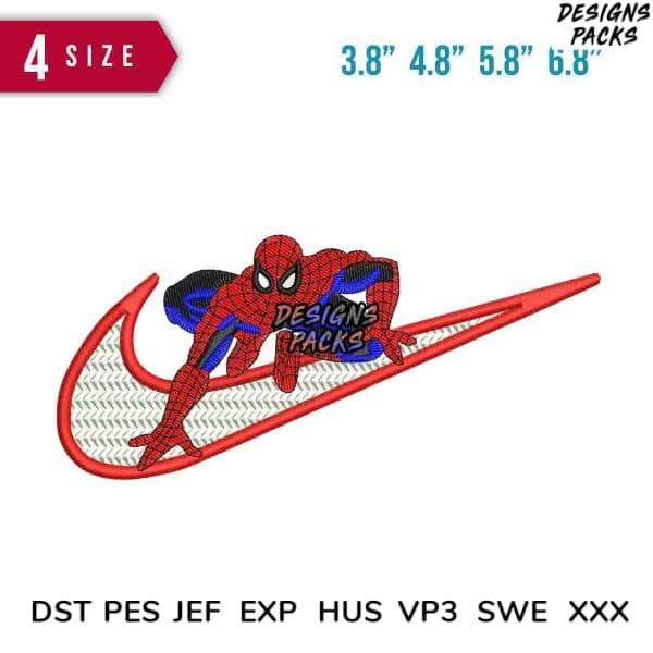 Spider-Man embroidery design on Nike swoosh, available in multiple sizes and formats