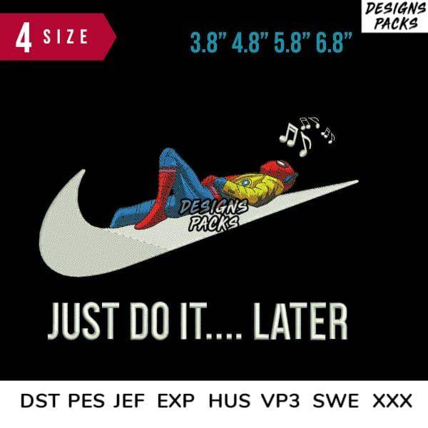 Spiderman napping on Nike swoosh with 'Just Do It... Later' text, music notes, embroidery formats listed