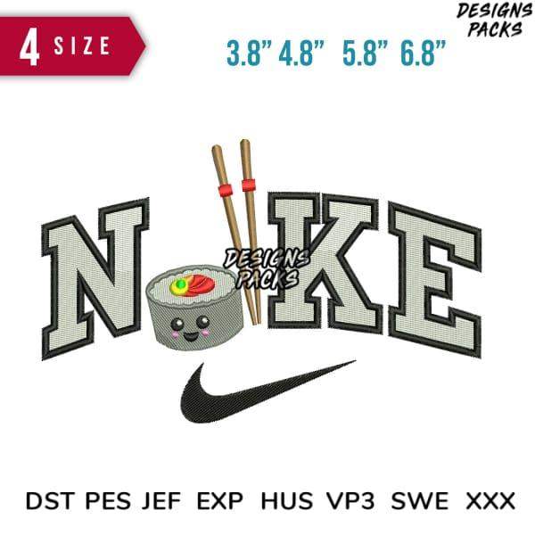 Embroidery design featuring sushi, chopsticks, and Nike swoosh in 4 sizes, compatible with DST PES JEF formats.