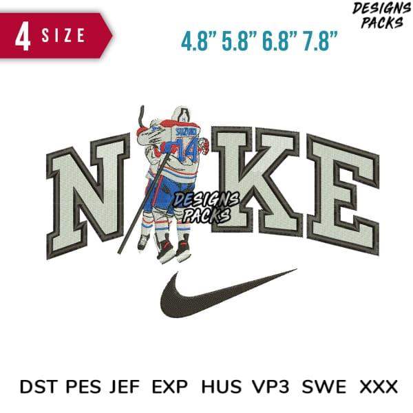 Embroidery design featuring hockey player with Nike logo, available in multiple sizes and formats