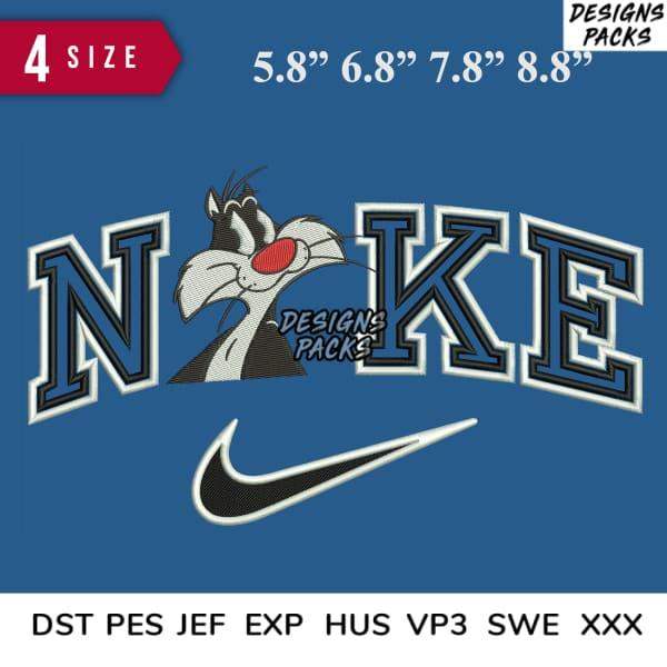 Sylvester the Cat in Nike-style lettering, embroidery design with 4 sizes, DST PES formats