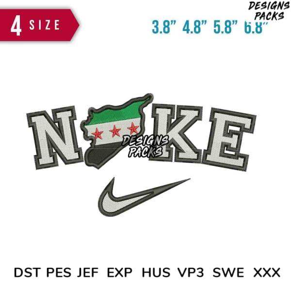 Embroidery design with 'NOKE' text, Syria map flag, and swoosh logo in 4 sizes, PES/DST formats