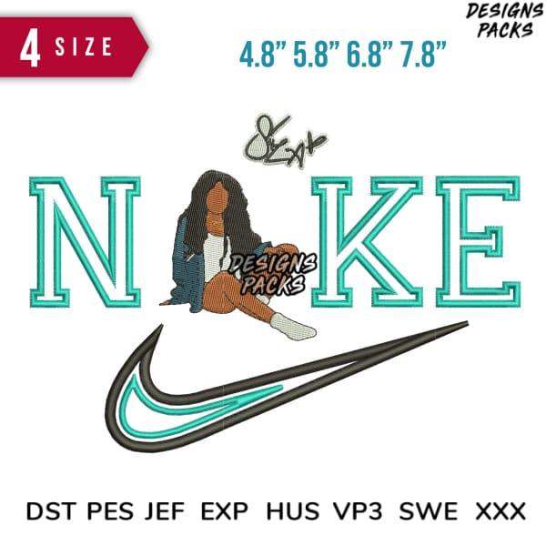Embroidery design with 'NAKE' text, woman graphic, and swoosh logo in 4 sizes, PES/DST formats