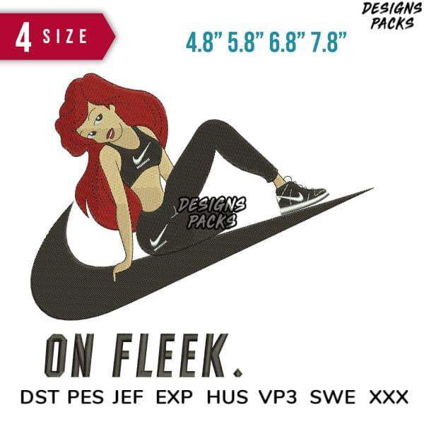 Embroidery design of red-haired woman on Nike swoosh, 4 sizes, DST PES JEF formats, print-ready