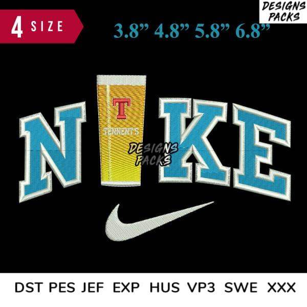 Embroidery design featuring 'NIKE' with beer glass, available in 4 sizes & multiple formats for instant download.