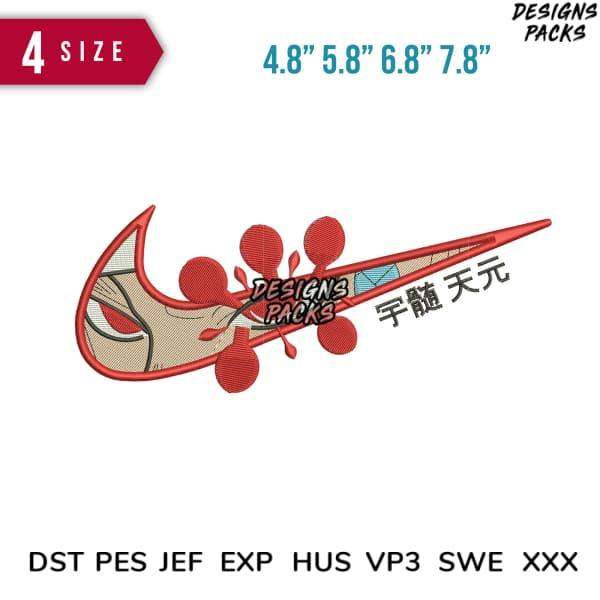 Embroidery design with red swoosh, splatter, and Chinese characters in 4 sizes, PES DST formats
