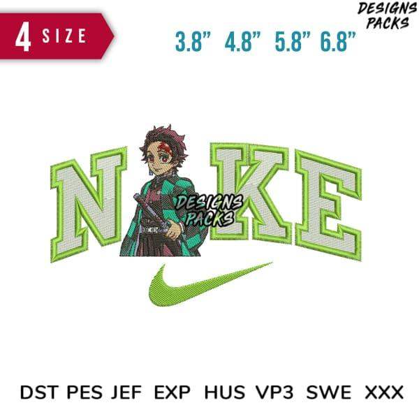 Embroidery design featuring anime character with 'NIKE' text and swoosh, available in multiple sizes and formats