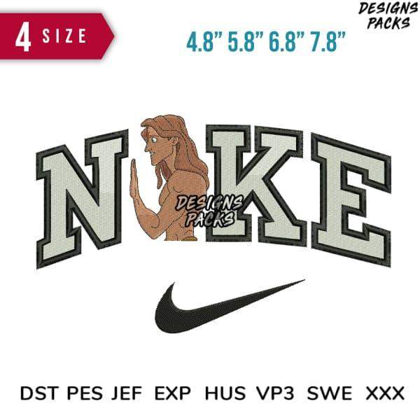 Embroidery design featuring 'NIKE' text with cartoon character, available in multiple sizes and formats like PES, DST, EXP