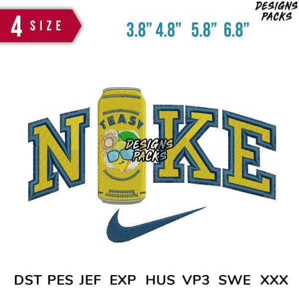 Embroidery design featuring 'NIKE' text with a tea can, available in multiple sizes and formats