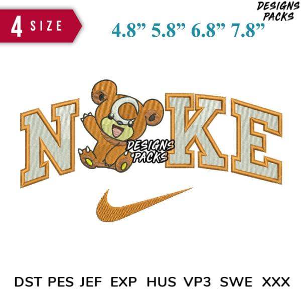 Embroidery design featuring cute bear in 'NOKE' lettering with Nike swoosh, available in 4 sizes and multiple formats