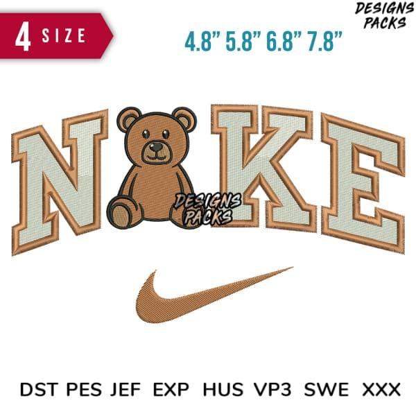 Cute teddy bear embroidery design with 'NIKE' lettering, 4 sizes, PES DST formats for instant download