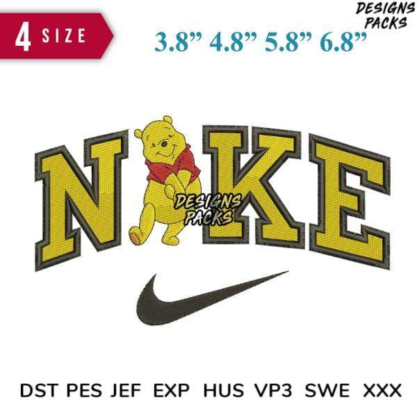 Winnie the Pooh embroidery design with 'NIKE' lettering, available in 4 sizes, PES DST formats