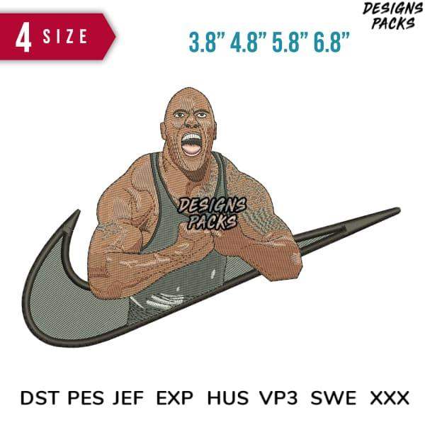Embroidery design of muscular man in tank top with Nike swoosh, available in PES, DST, EXP formats, 4 sizes