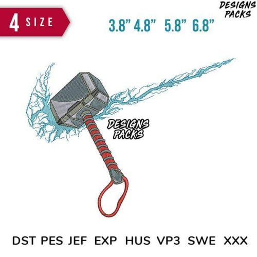 Embroidery design of Thor's hammer with lightning, available in multiple sizes and formats