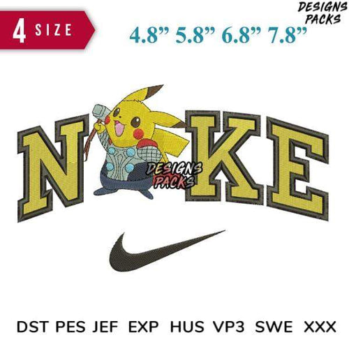 Pikachu in Nike-style embroidery design, 4 sizes, PES DST formats for DTG/DTF printing