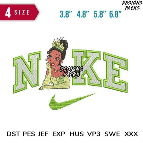 Tiana Disney princess embroidery design with Nike logo, 4 sizes, DST PES formats for instant download