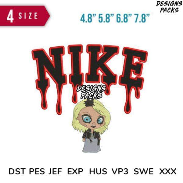 Nike drip effect embroidery design with chibi character, available in 4 sizes and multiple file formats