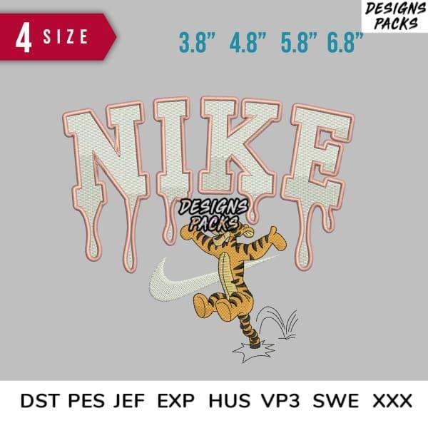 Embroidery design featuring dripping Nike logo with Tigger character, available in multiple sizes and formats.