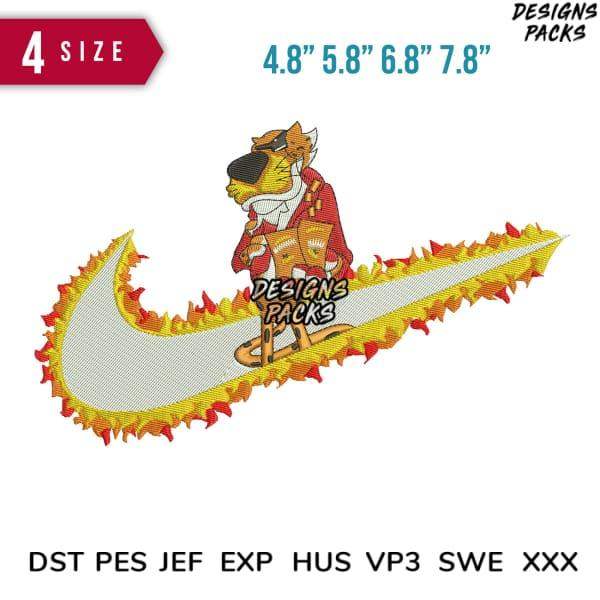 Embroidery design of a tiger on a flaming swoosh, available in multiple sizes and formats.