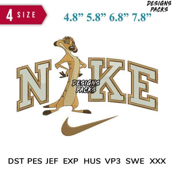 Embroidery design featuring Timon with 'NIKE' text and swoosh, available in multiple sizes and formats