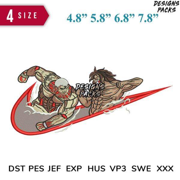 Embroidery design of Titan characters in Nike swoosh, 4 sizes, DST PES JEF formats
