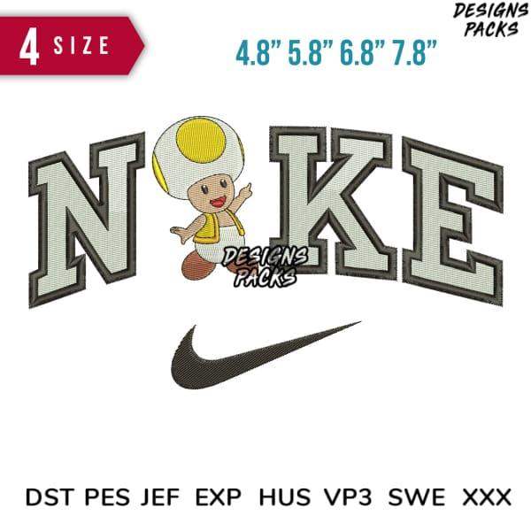 Embroidery design featuring Toad character with 'NOKE' text and Nike swoosh, available in 4 sizes and multiple file formats