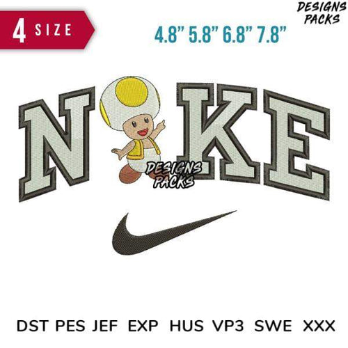 Embroidery design featuring Toad character with 'NOKE' text and Nike swoosh, available in 4 sizes and multiple file formats