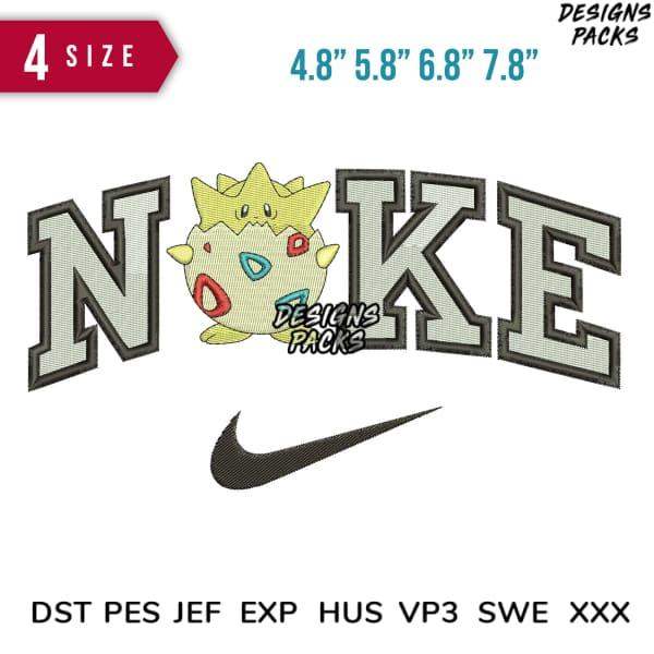 Embroidery design with 'NOKE' text, cartoon character, and Nike swoosh in 4 sizes, compatible with DST PES JEF formats