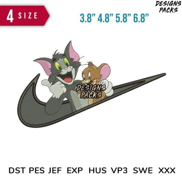 Tom and Jerry in Nike swoosh embroidery design, 4 sizes, PES DST formats for instant download