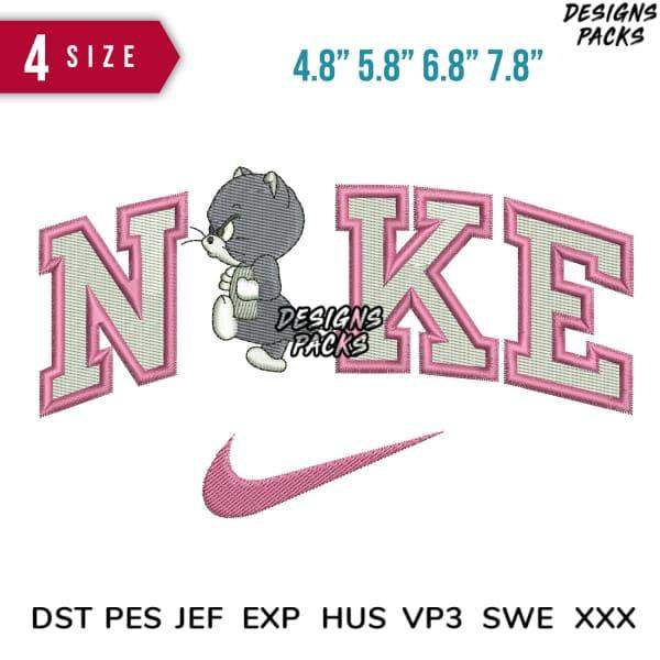 Embroidery design featuring cartoon cat with 'NIKE' text and swoosh, available in multiple sizes and formats