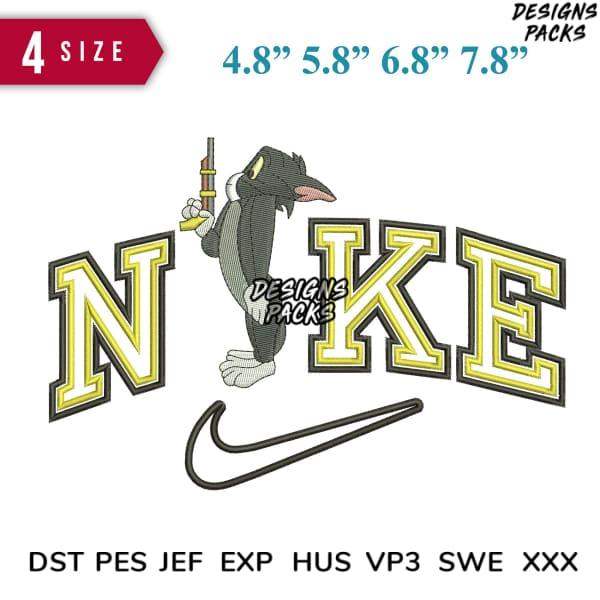 Embroidery design of penguin holding gun with 'NIKE' lettering, available in 4 sizes and multiple file formats