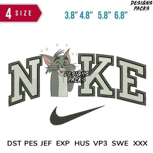 Embroidery design featuring Tom from Tom & Jerry with Nike-style lettering, available in multiple sizes and formats