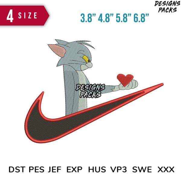 Tom Cat holding heart over Nike swoosh embroidery design in 4 sizes, DST PES JEF formats