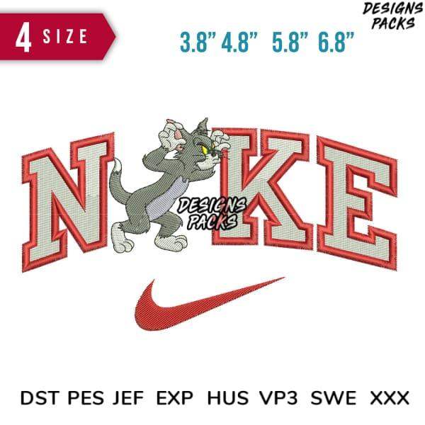 Embroidery design featuring cartoon cat with 'NIKE' lettering and swoosh, available in multiple sizes and formats