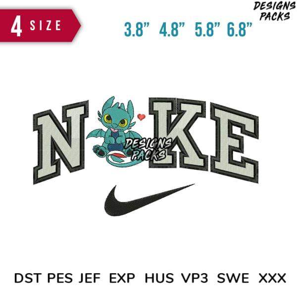 Embroidery design featuring 'NOKE' with dragon mascot, Nike swoosh, 4 sizes, DST PES JEF formats