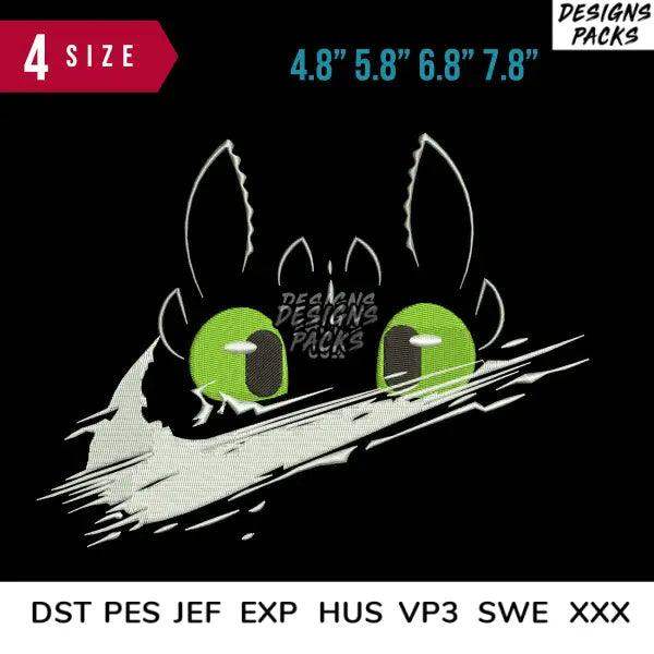 Embroidery design of green-eyed creature with 4 sizes, compatible with DST PES JEF formats