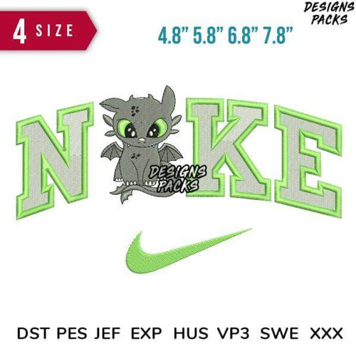 Cute dragon embroidery design with 'NIKE' lettering, 4 sizes, DST PES JEF formats for machine embroidery
