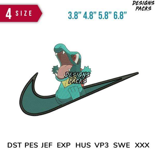 Embroidery design of a dinosaur in a swoosh logo, available in multiple sizes and formats.