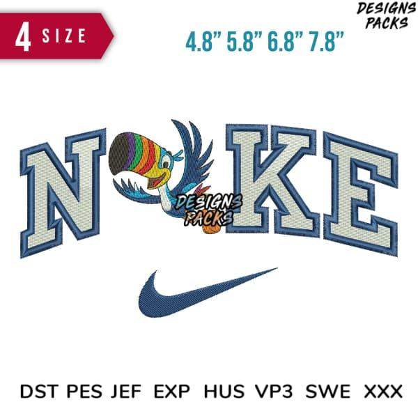 Embroidery design with parrot and 'NOKE' text, 4 sizes, PES DST formats for instant download