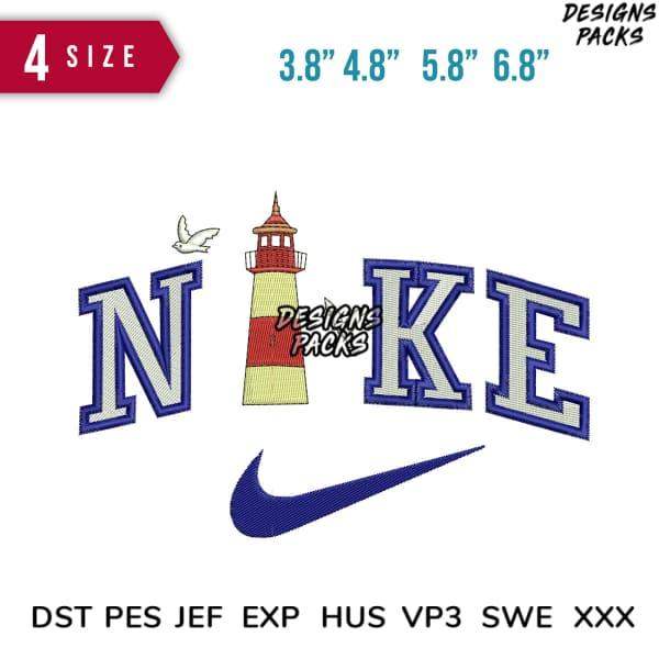 Embroidery design featuring lighthouse, bird, and Nike swoosh in multiple sizes and formats